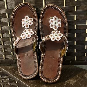 Women’s Leather Handmade Hand Beaded Thong Sandals Brown Pink Size 8